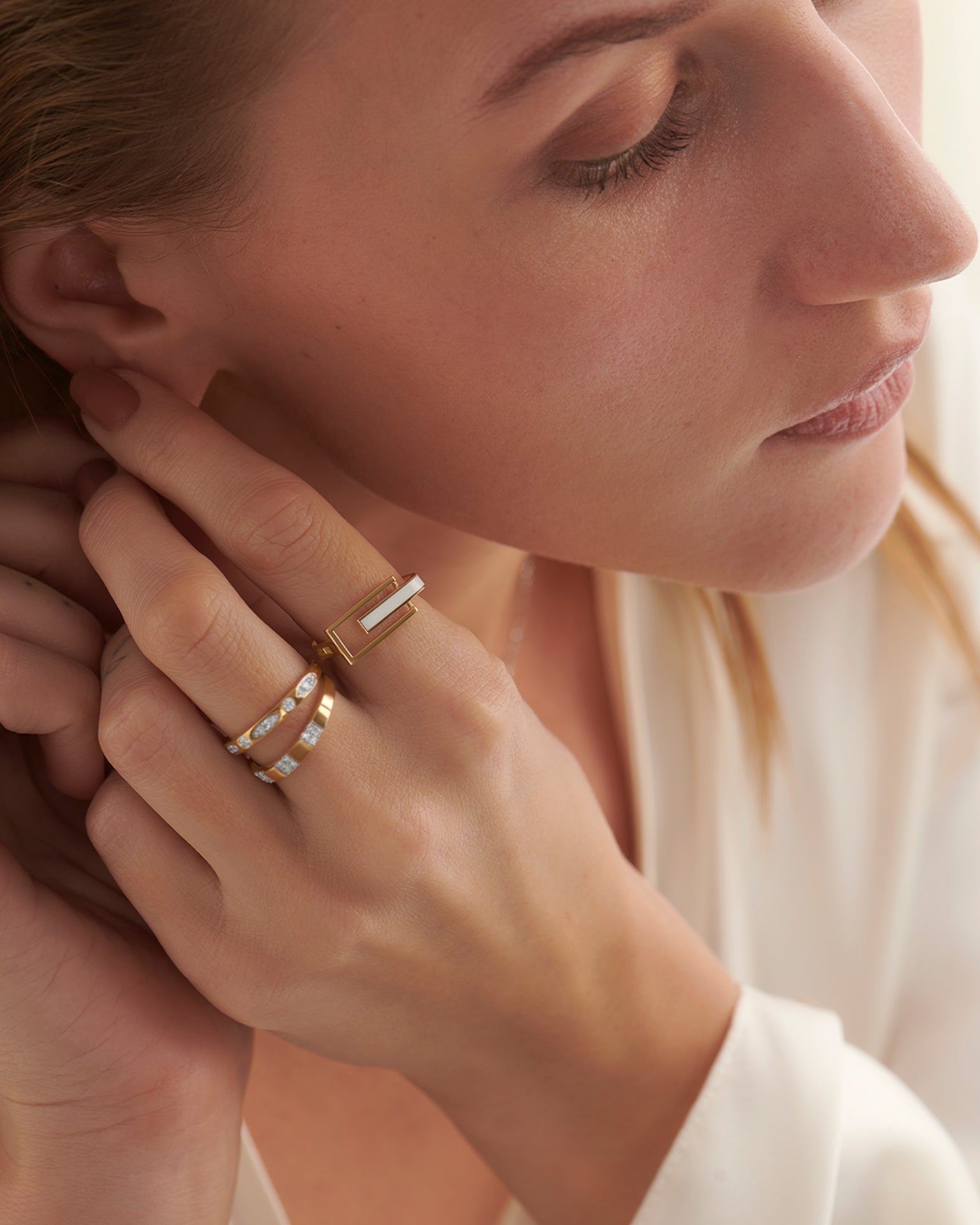 Square White Cera Band, 14K Solid Gold-2