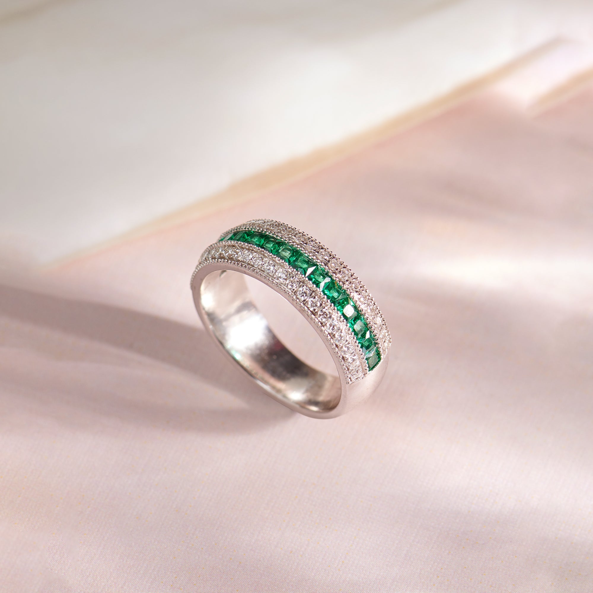 Created Emerald Eternity Band, Sterling Silver, 3/8 ct Lab Grown Diamond-1