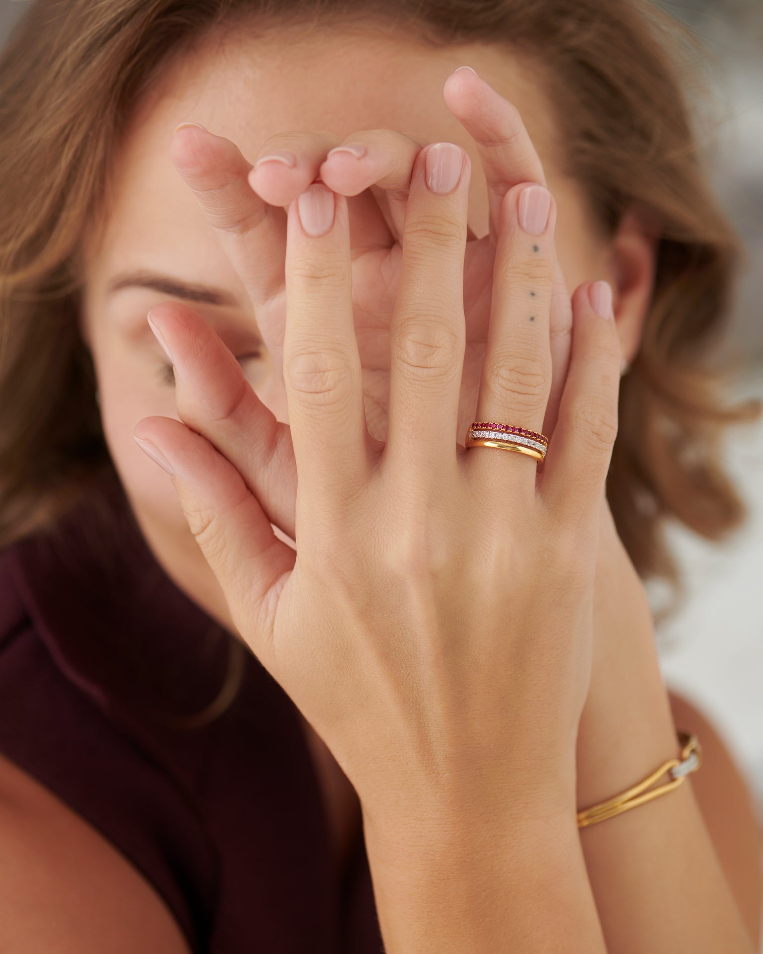 Created Ruby Stackable Bands, 14K Gold Vermeil, 1/4 ct Lab Grown Diamond-2