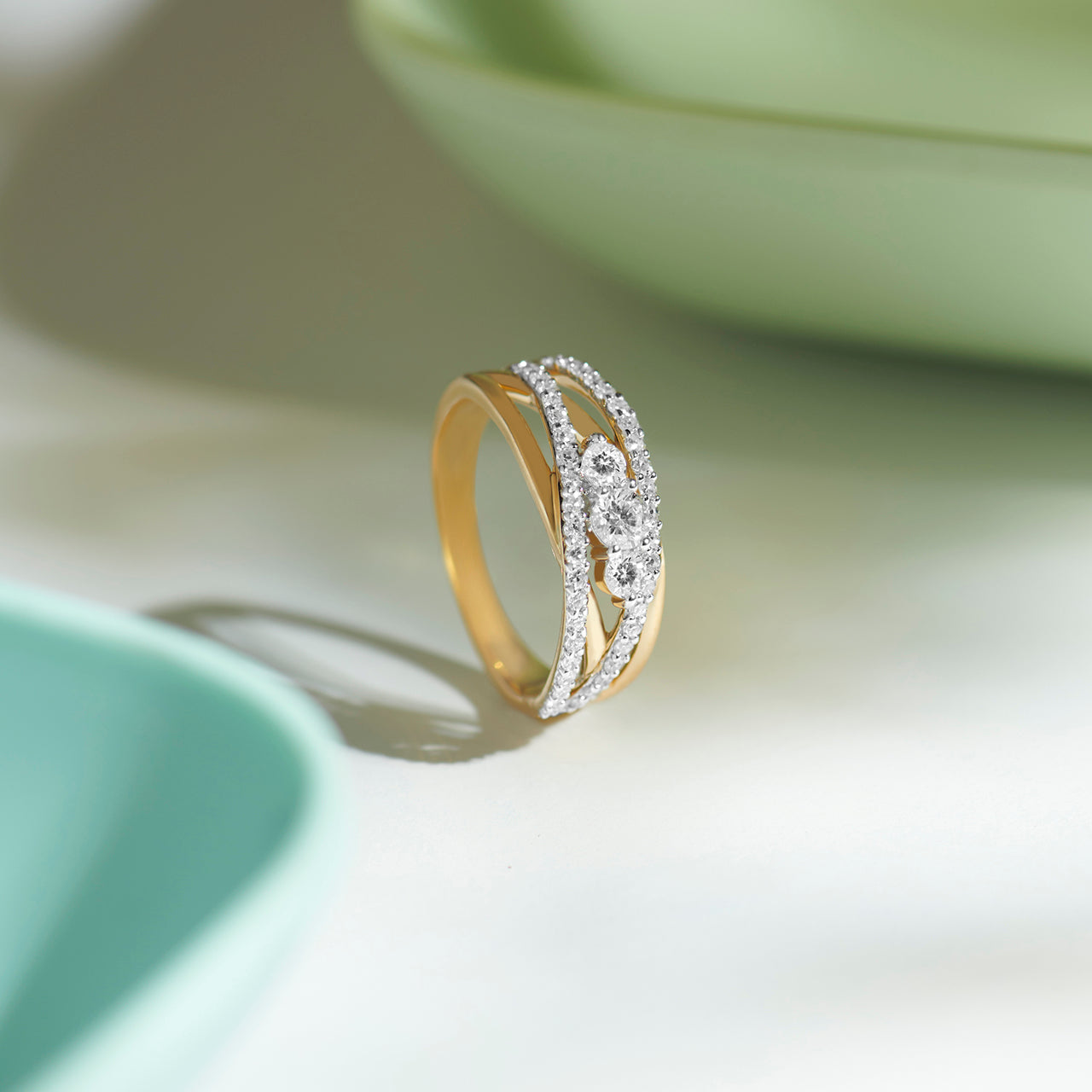 Three Stone Criss Cross Diamond Ring, 14K Gold Vermeil, 5/8 ct Lab Grown Diamond-2