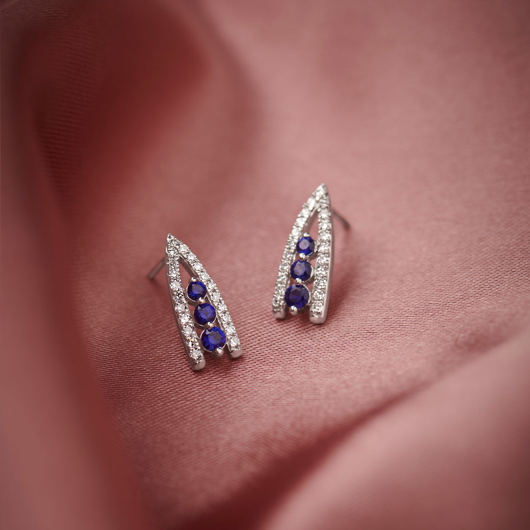 Created Sapphire Wishbone Earrings, Sterling Silver, 1/4 ct Lab Grown Diamond-1