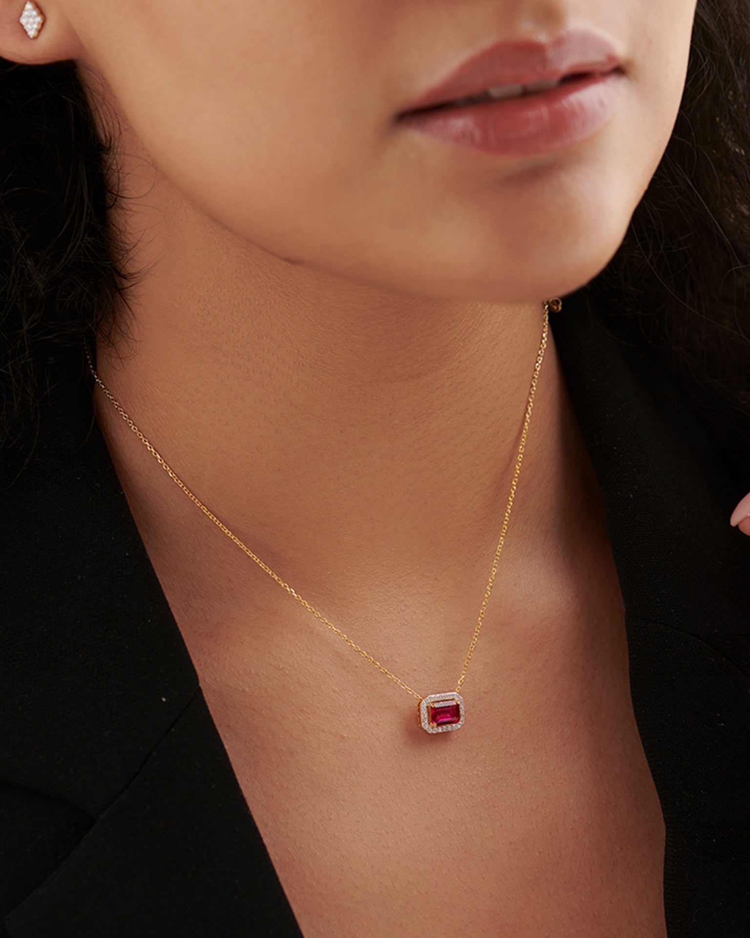 Created Ruby Halo Diamond Necklace, 14K Gold Vermeil, 1/8 ct Lab Grown Diamond-2