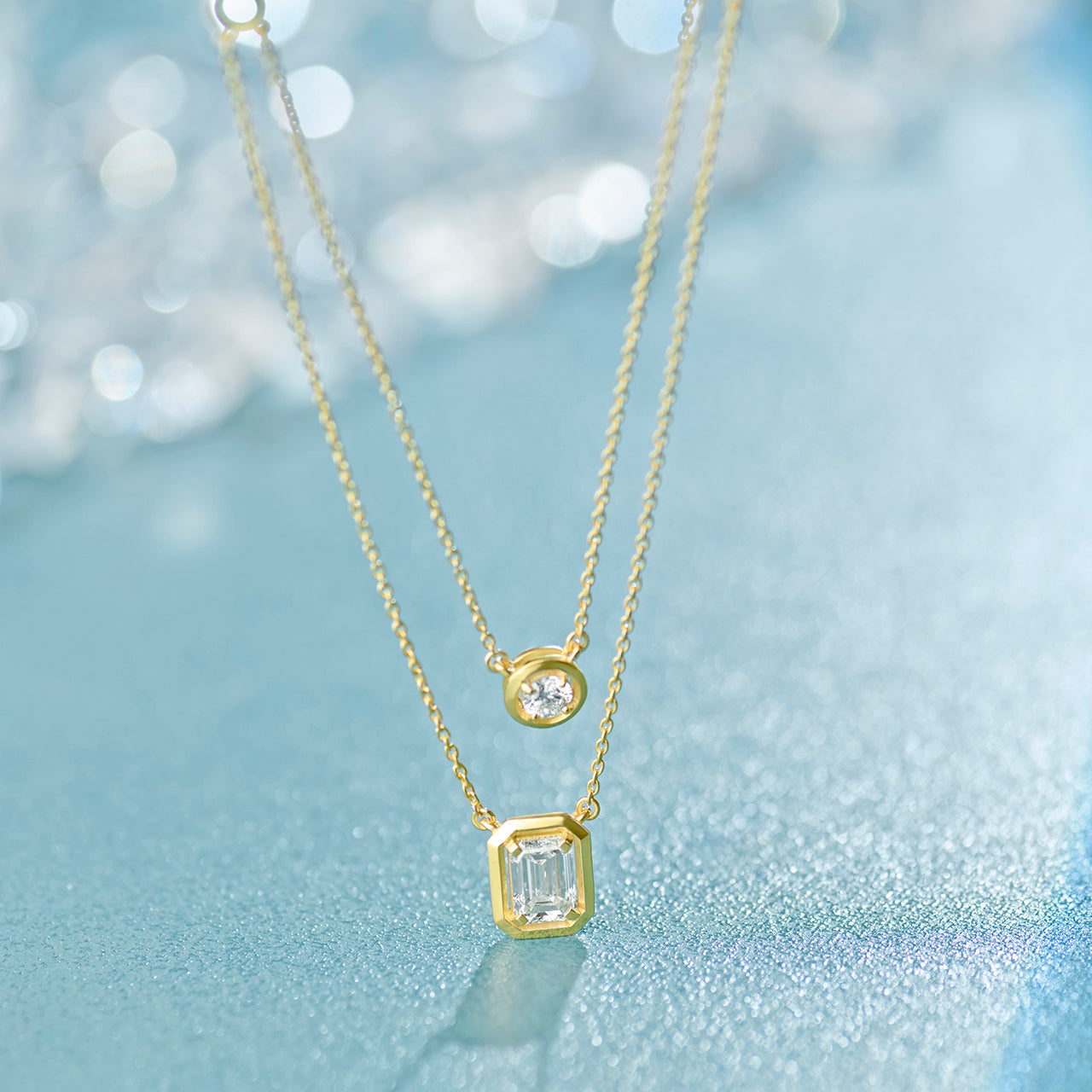 Double Layered Solitaire Necklace, 14K Gold Vermeil, 1 ct Lab Grown Diamond-1