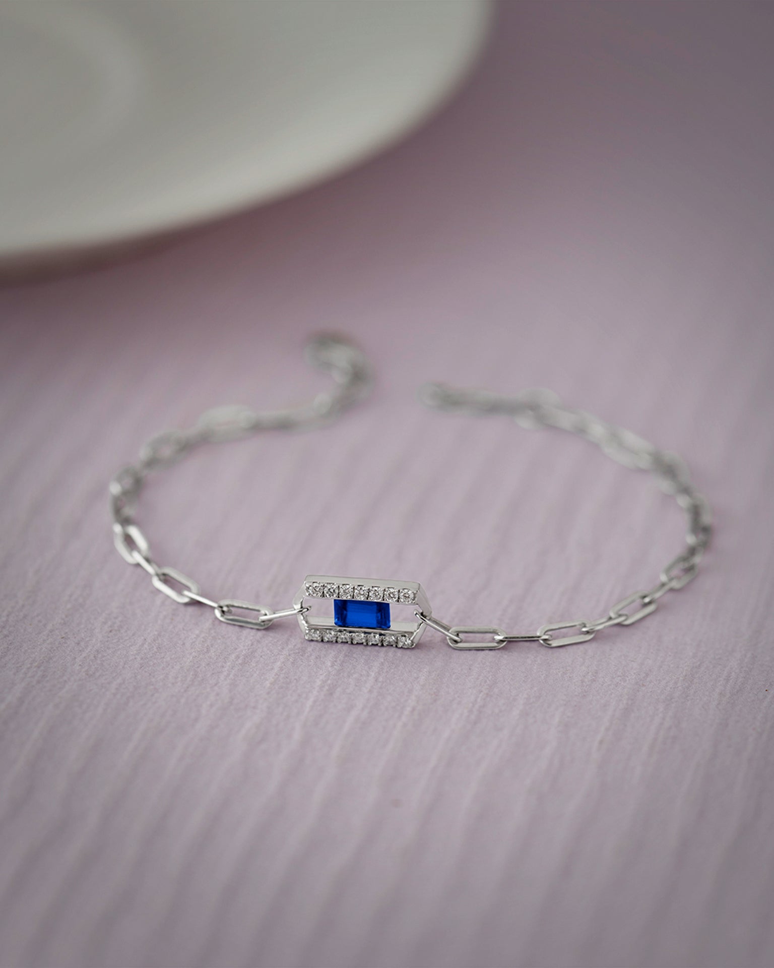 Created Sapphire Paperclip Bracelet, Sterling Silver, 1/6 ct Lab Grown Diamond-5